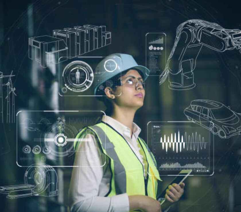 woman engineer and various business information.