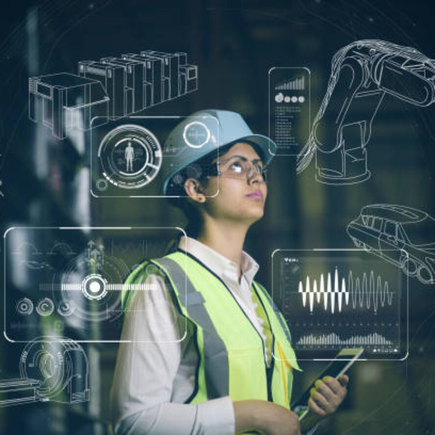 woman engineer and various business information.